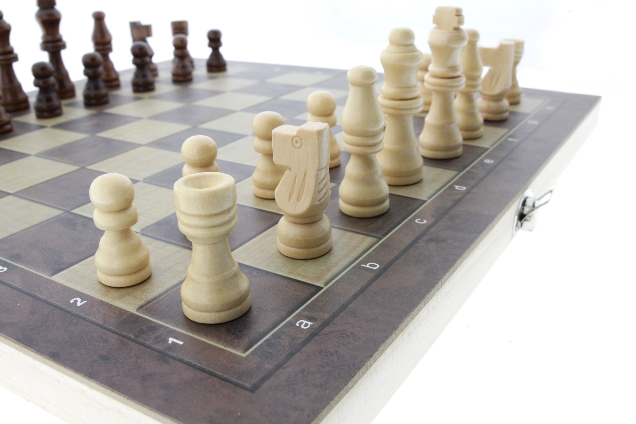 Šachy 34x34cm dřevěné v boxu, dáma, vrhcáby 3v1